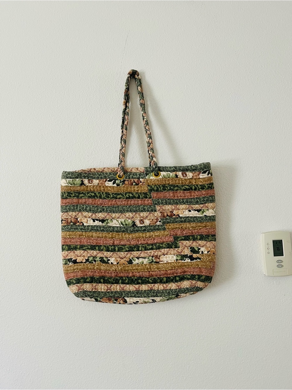 Vintage handmade quilted scrap tote bag